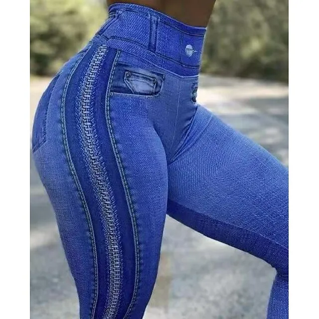 Women's Jeans Flared Pants Bell Bottom Full Length Faux Denim Side Pockets High Elasticity High Waist Fashion Tights Casual Weekend Black Blue S M