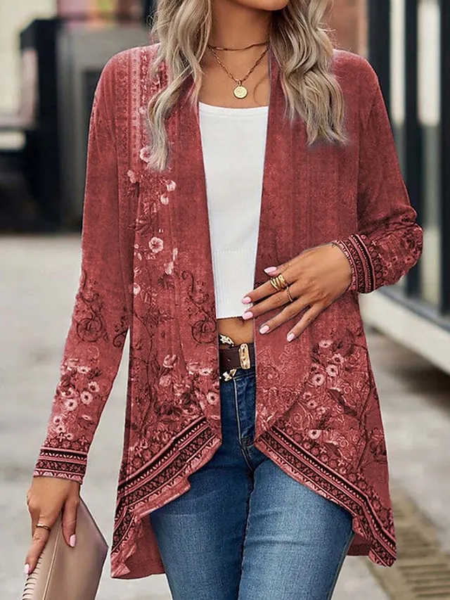 Women's Casual Jacket Outdoor Oversized Floral Print Breathable Loose Fit Outerwear Long Sleeve Spring Fall White Daily Street Vacation