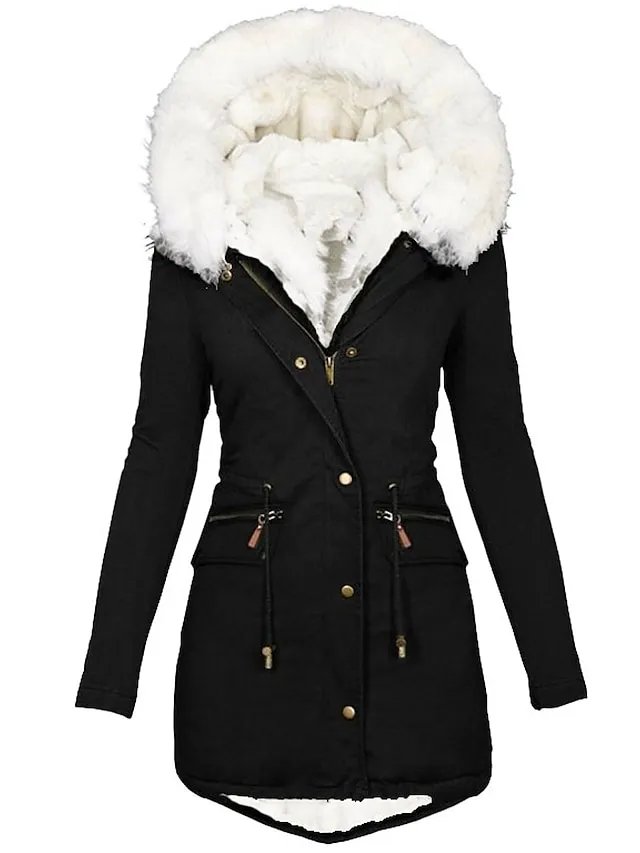Women's Parka Fleece Lined Puffer Jacket Thicken Winter Coat with Fur Collar Hood Thermal Warm Heated Jacket with Pockets Fall Windproof Zipper Drawstring Outerwear Long Sleeve