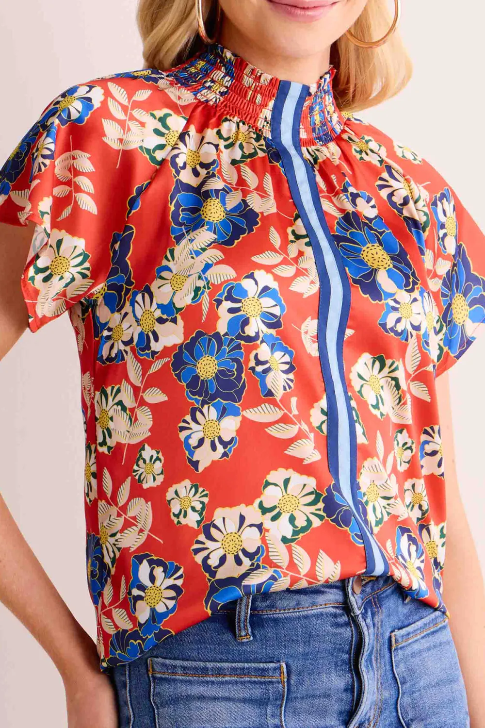 Red Floral Print Stand Collar Short Sleeve Top