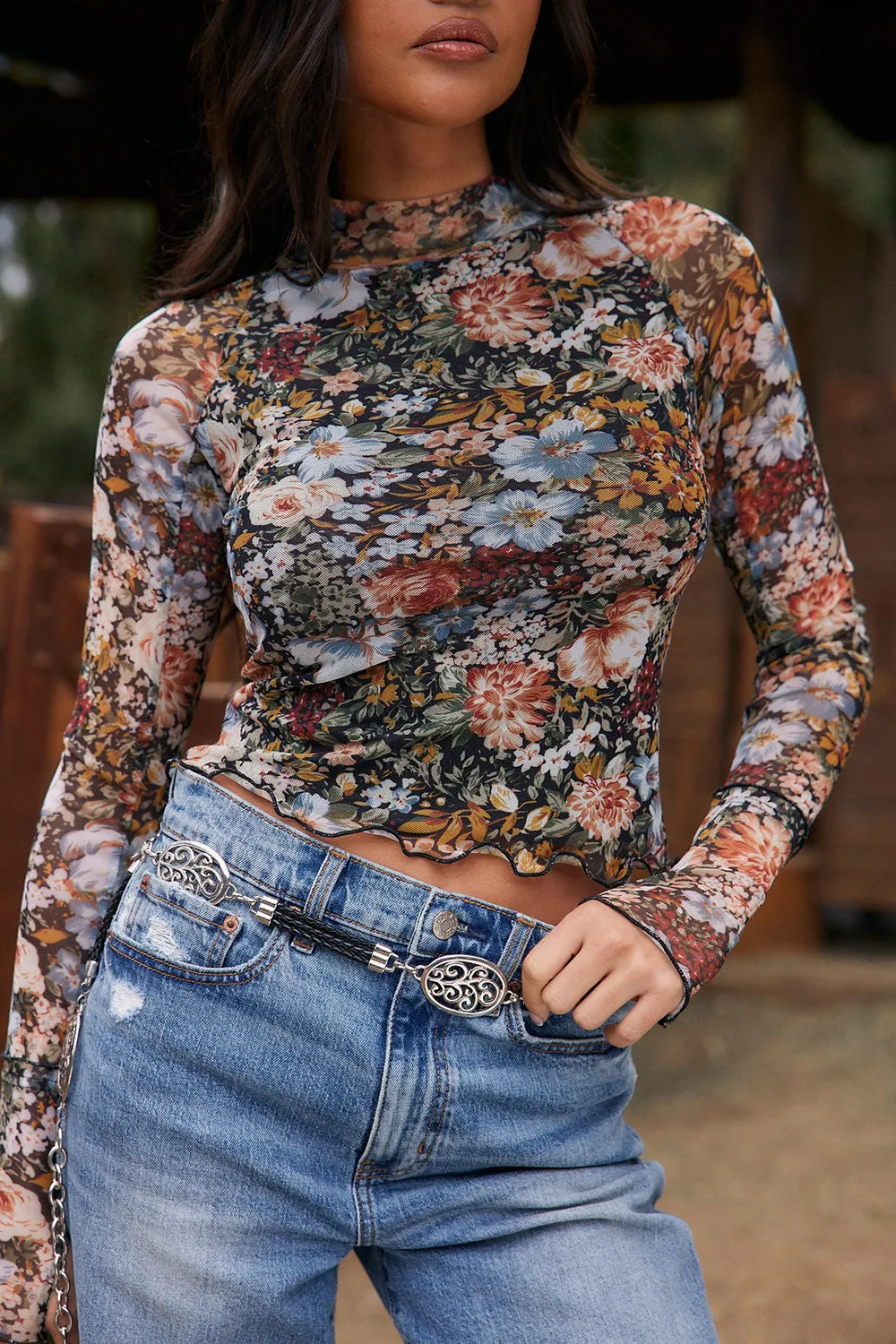 Floral Mesh Long Sleeve Top