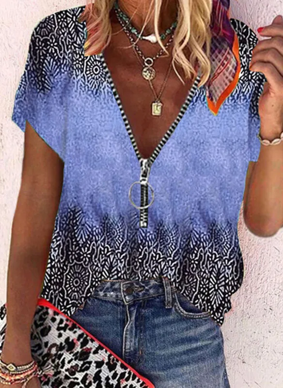Print Lace Cold Shoulder 1/2 Sleeves Cold Shoulder Sleeve Casual Blouses