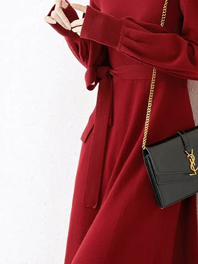Women's Red Christmas Dress Sweater Dress Jumper Dress Midi Dress Warm Fashion Casual Plain Outdoor Christmas Daily Vacation Turtleneck Long Sleeve Lace up 2023 Regular Fit Black Wine Blue One Size