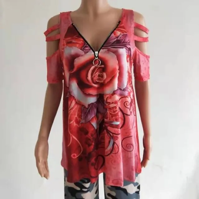 Women Tops T-Shirt Hollow-Out Shoulder Short Sleeve Casual Blouse Shirts Flower Print V-Neck Zipper Shirt