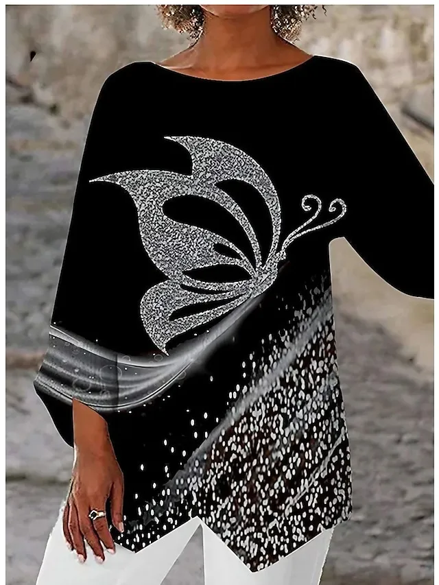 Women's Shirt Blouse Black White Light Grey Graphic Butterfly Asymmetric Print Long Sleeve Casual Basic Round Neck Regular Fit Butterfly Spring Fall