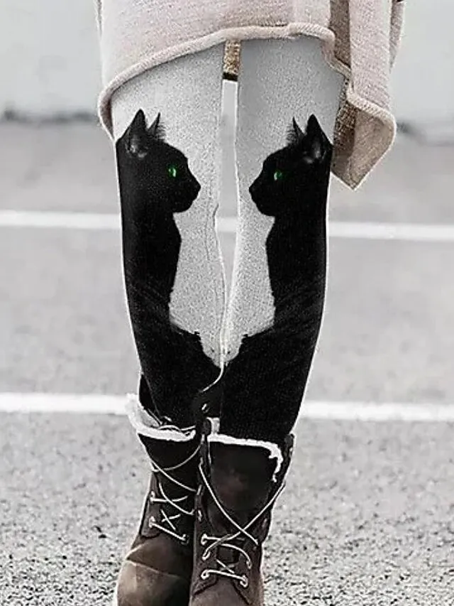 Women's Fleece Lined Leggings Warm Ankle-Length Winter Leggings Print Micro-elastic Mid Waist Fashion Xmas Christmas Halloween Black Red S M Spring &  Fall Winter