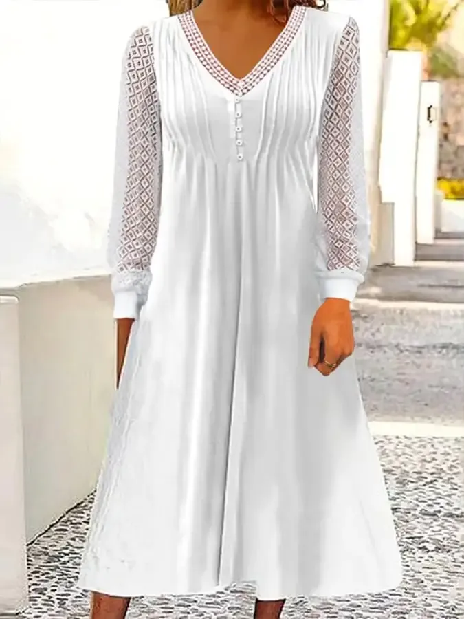 Ladies Solid Color Lace Long Sleeve Dress