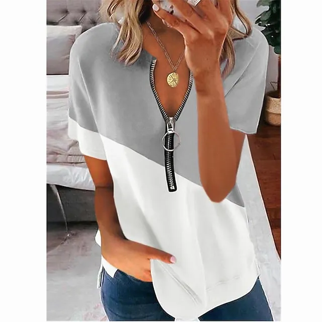 Women‘s Summer Contrast Printing V-neck Zipper Short-sleeved Shirt T-shirt Top