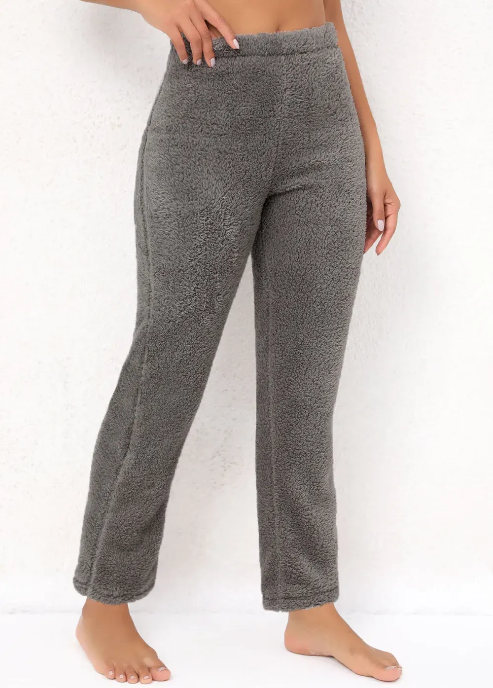 Grey Plush Elastic Waist High Waisted Pants