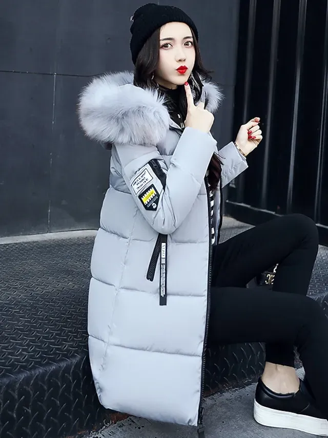 Women's Puffer Jacket Long with Pockets Slim Fit Fur Collar Coat powder Bean Green White Black Gray Classic Style Christmas Winter Zipper Hoodie Regular Fit M L XL XXL XXXL / Daily / Windproof