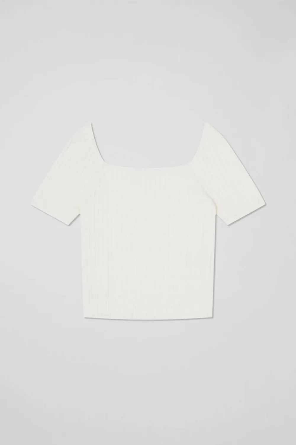 White Ribbed Square Neck Short Sleeve Knit