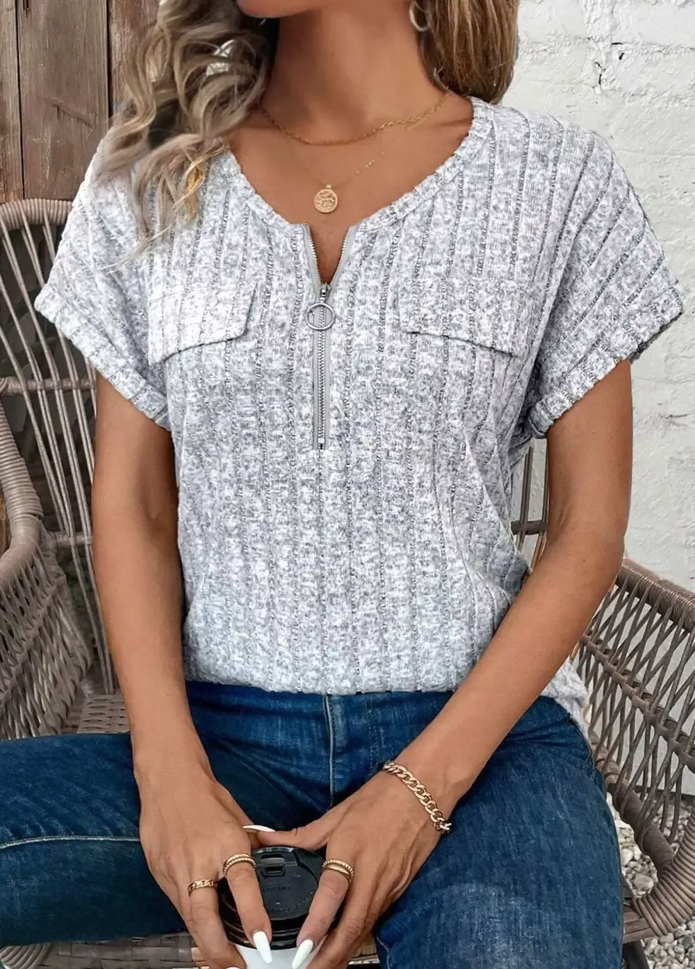 Light Grey Marl Zipper Short Sleeve V Neck Blouse