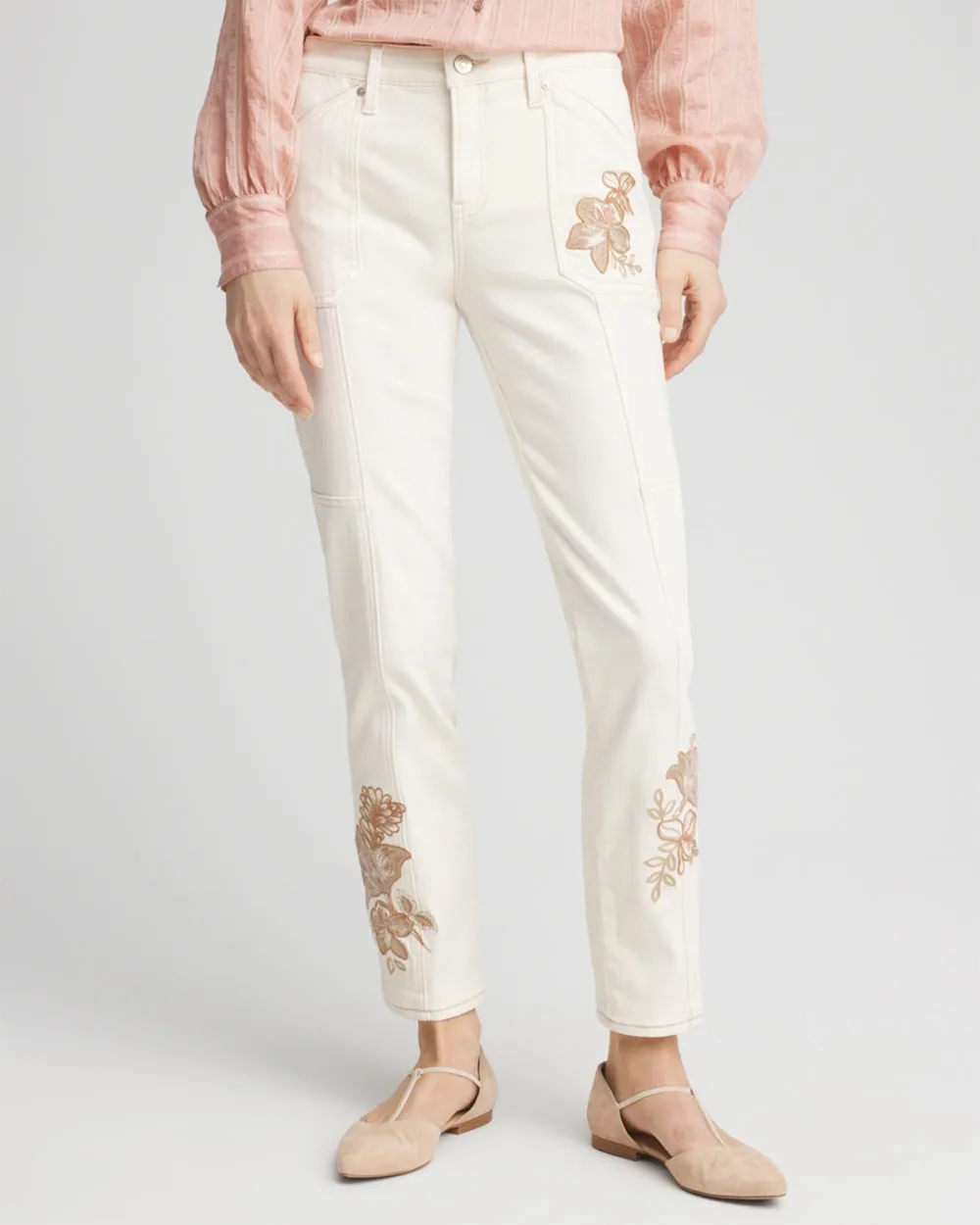 Embroidered White Denim Jeans