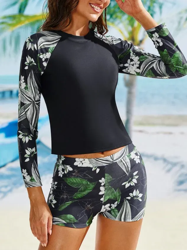Vacation Floral Printing Crew Neck Surf Suit
