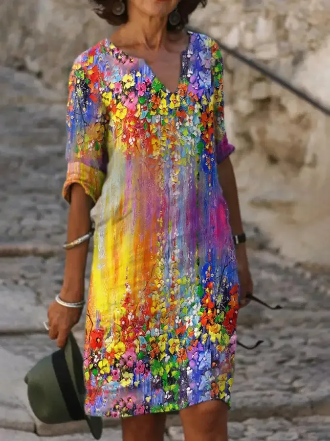 V Neck Vintage Flower Oil Painting Gradient Print Dress