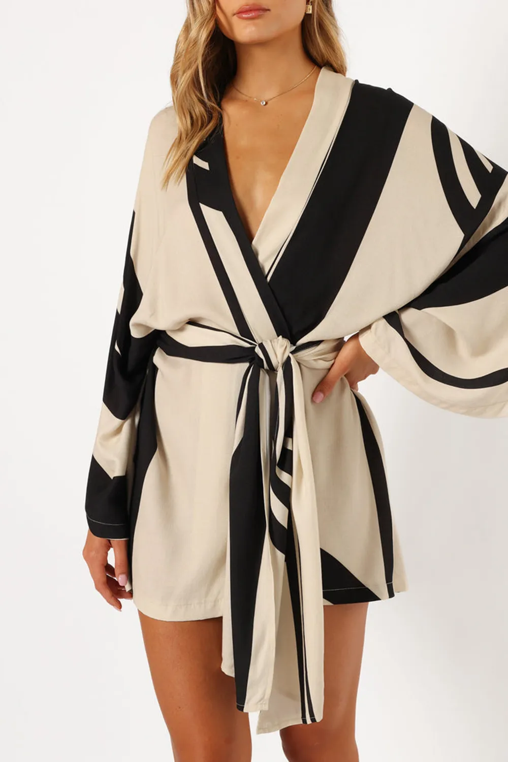 BLACK AND WHITE STRIPES WRAP DRESS