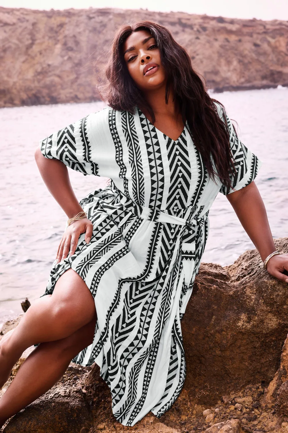 YOURS Curve Black & White Aztec Print Embroidered Maxi Dress