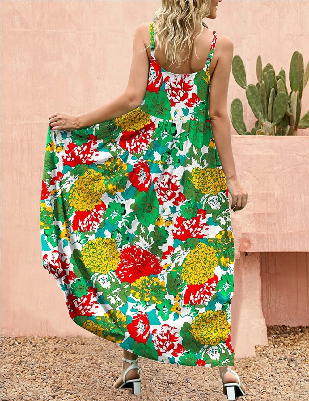 Summer Dresses for Women Casual Loose Bohemian Floral Dress with Pockets Spaghetti Strap Maxi Dress E75