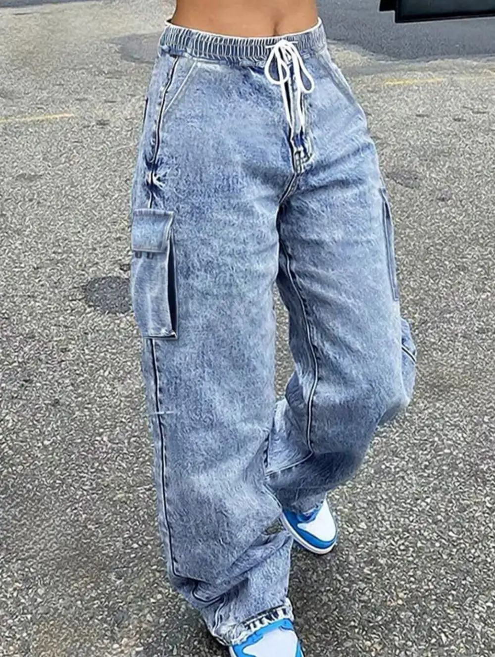 Elastic Waistband Drawstring Jeans