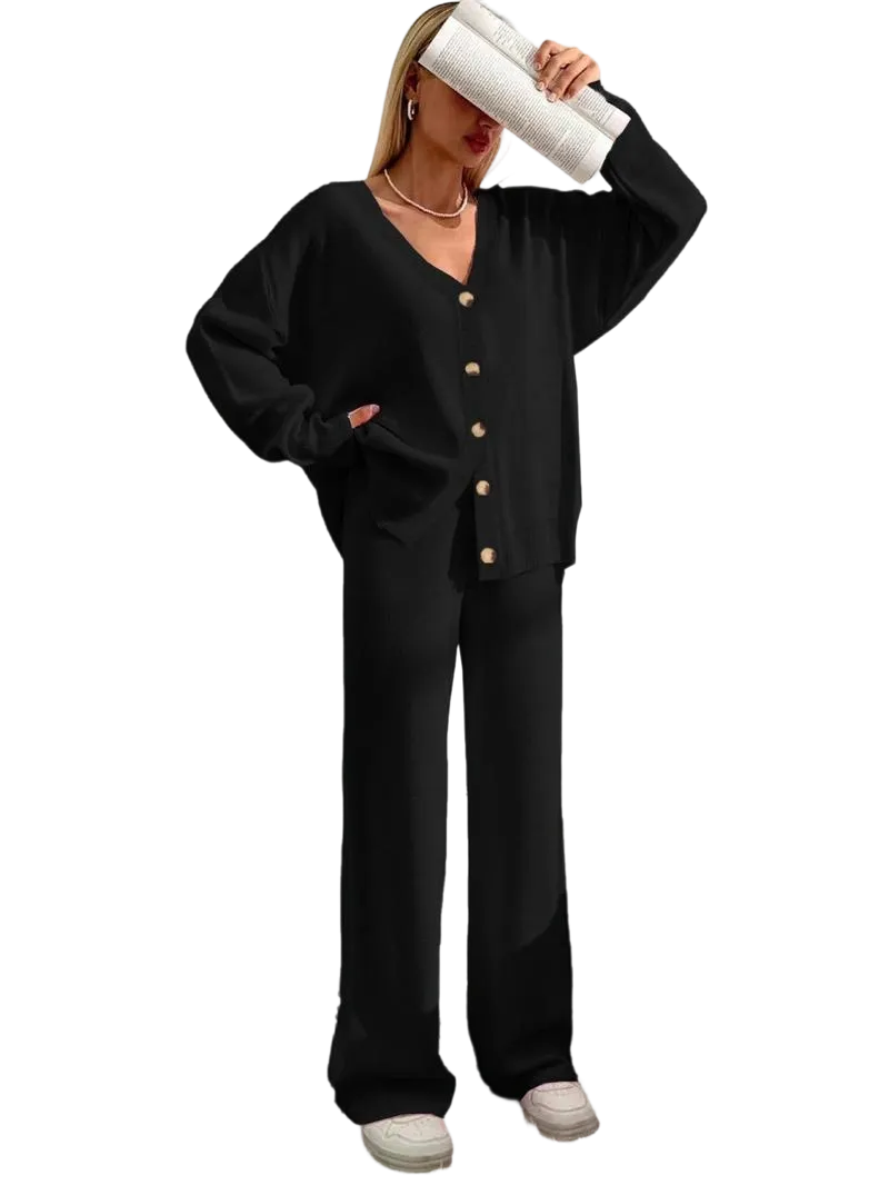 Women's Solid Color Off-Shoulder V-Neck Cardigan & Wide-Leg Pants 2-Piece Loungewear Set