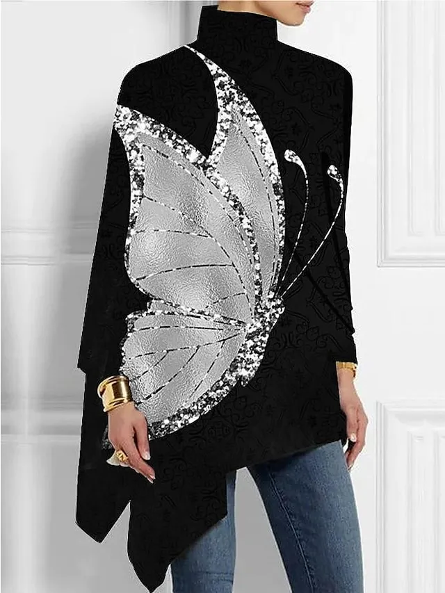 Women's Plus Size Shirt Blouse Butterfly Star Silver Black White Asymmetric Print Long Sleeve Casual Basic High Neck Regular Fit Spring Fall