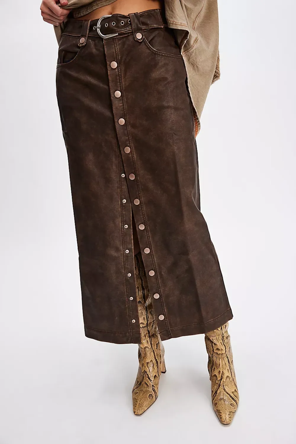 Faux Leather Button Front Slit Maxi Skirt