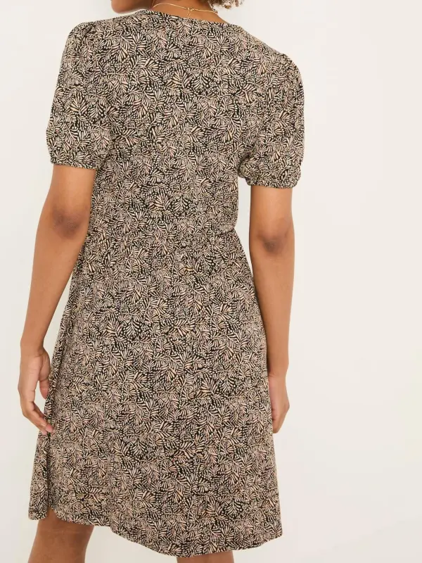 Nell Black Leaf Short Sleeve V-Neck Midi Dress