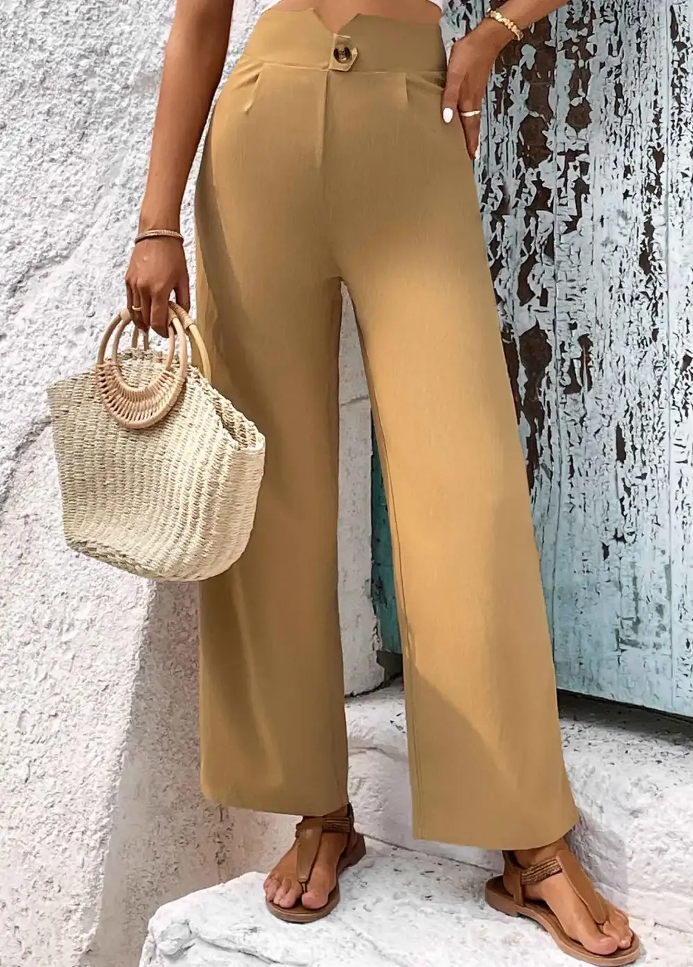 Light Camel Button High Waisted Pants