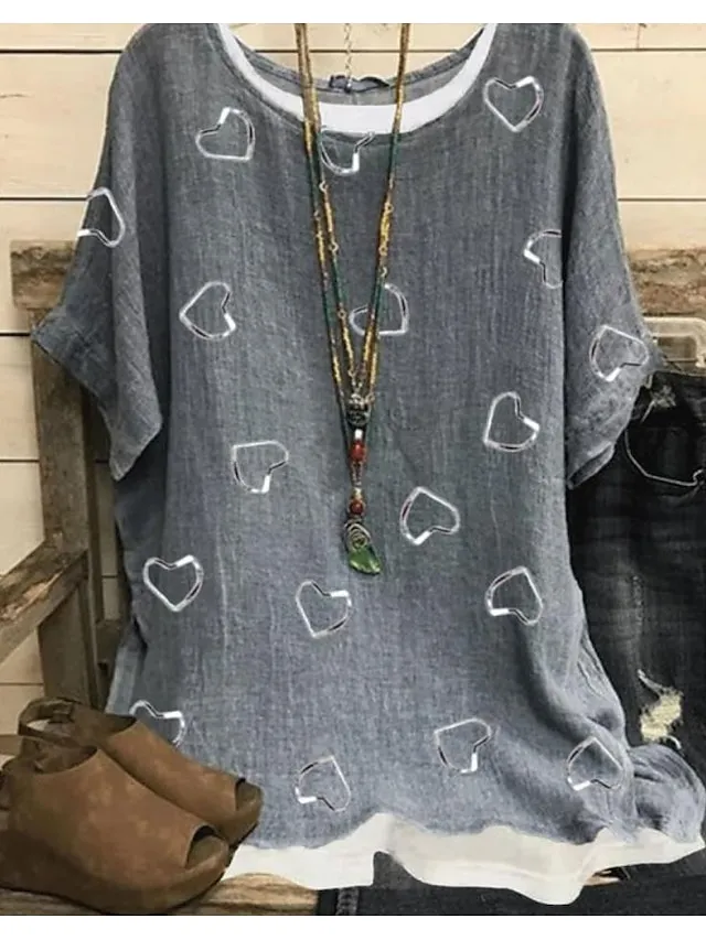 Women's Plus Size Shirt Blouse Floral Heart Lotus Butterfly Dandelion Print Short Sleeve Daily Vacation Vintage Basic Casual Crew Neck Regular Fit Dolman Sleeve Summer Spring