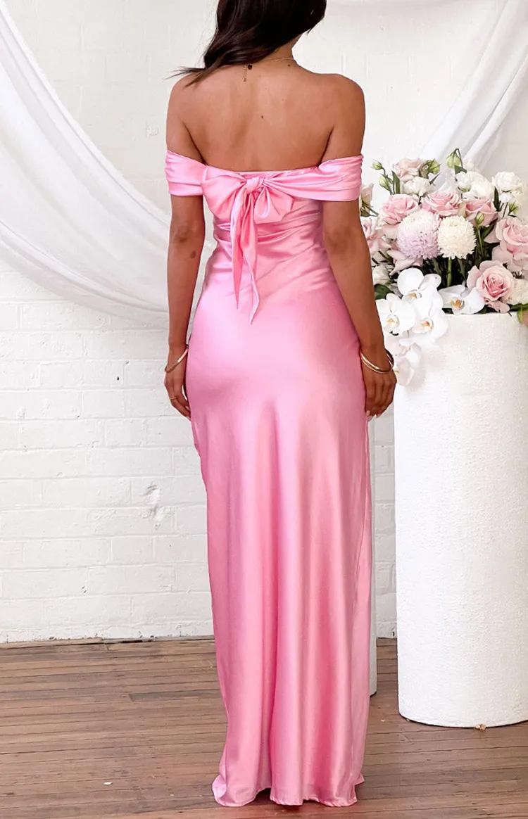Off  Shoulder Pink Satin Maxi Dress