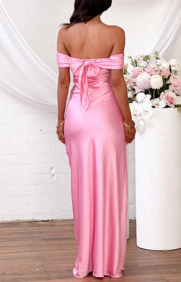 Off  Shoulder Pink Satin Maxi Dress