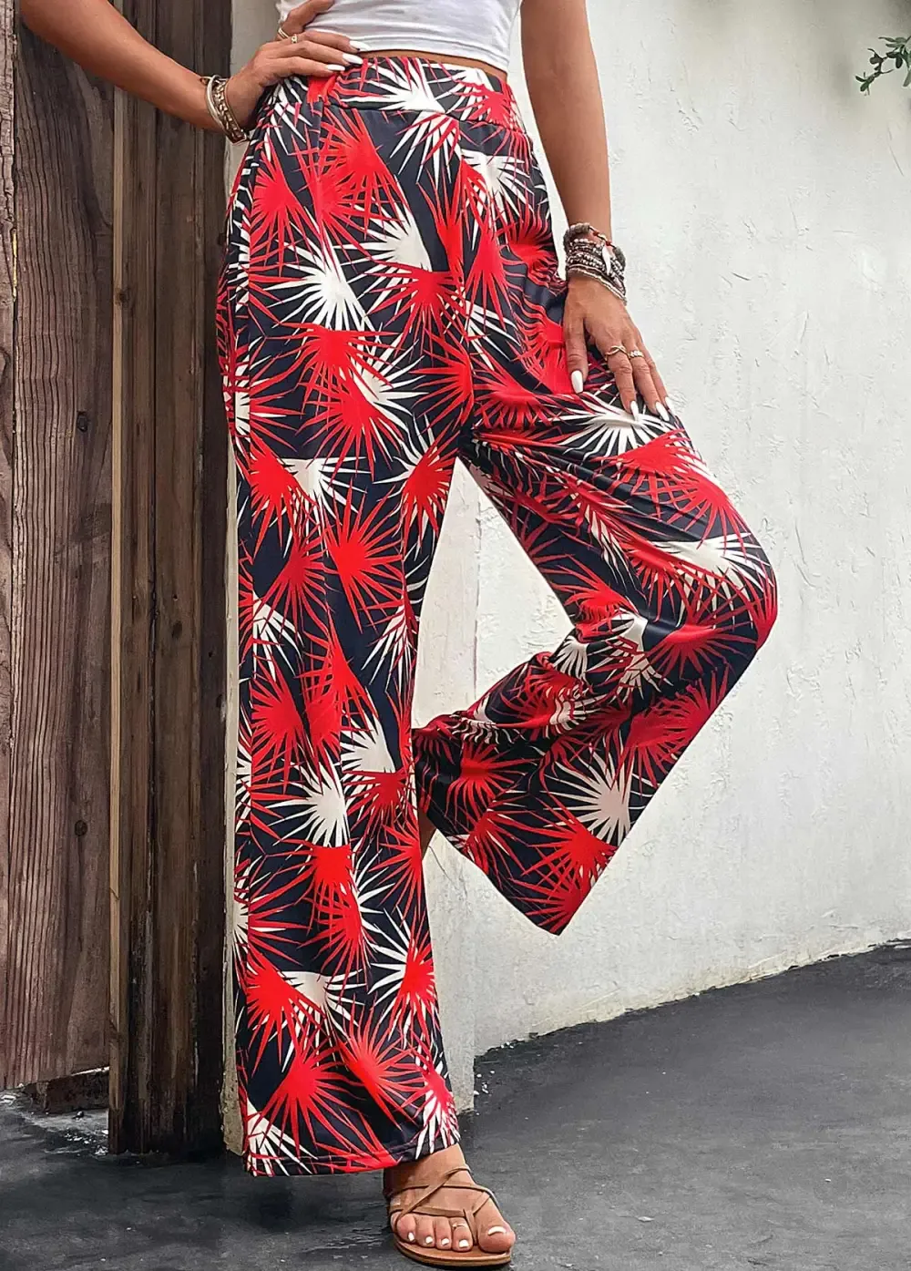Red Lightweight Leaf Print Elastic Waist Pants