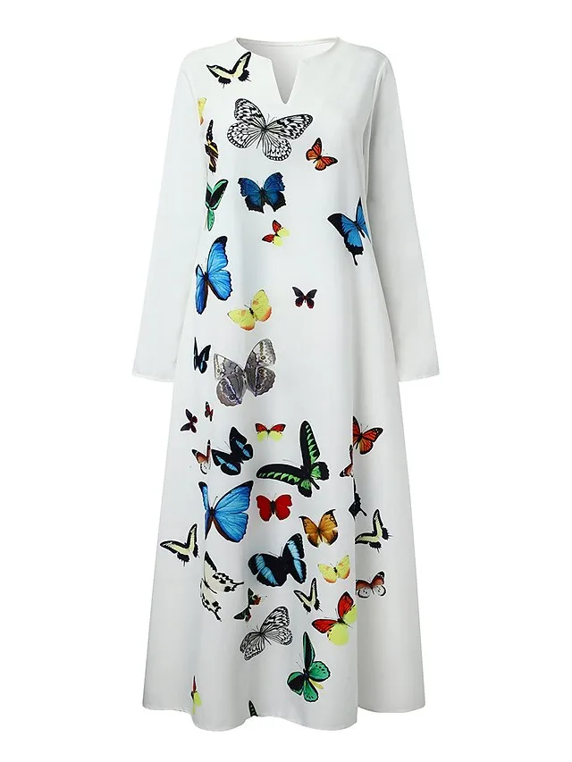Women's Shift Dress Swing Dress Long Dress Maxi Dress Green Blue Grey White Black Long Sleeve Feather Butterfly Pocket Print Summer Spring V Neck Stylish Casual Dress 2023 S M L XL XXL XXXL 4XL 5XL