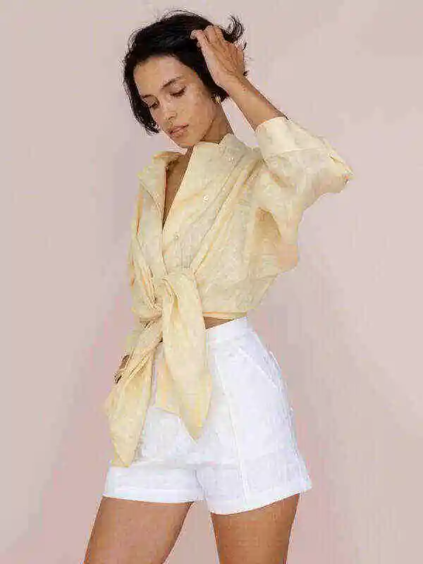 Casual Long Sleeves Split-Front Solid Color Notched Collar Blouses