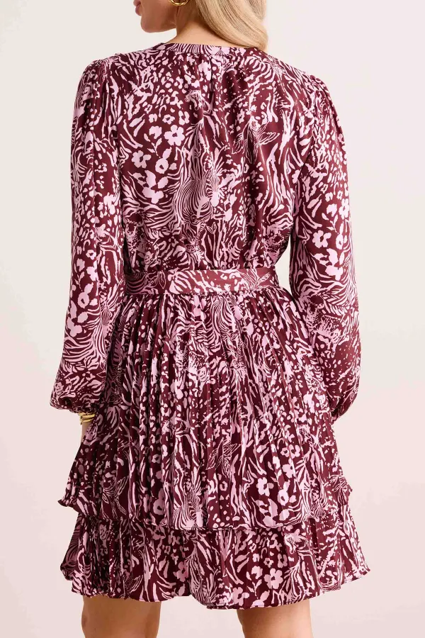 Wine Red Velvet Animal Print Tie-Waist Dress
