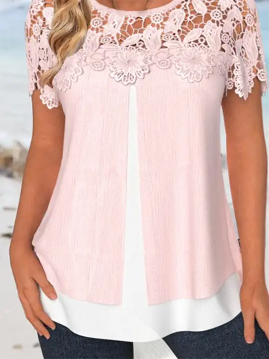 Women Short Sleeve Scoop Neck Lace Tops