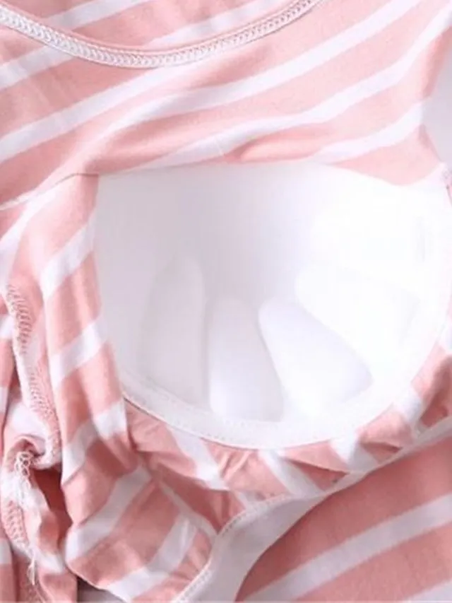 Women's 2 Piece Pajama Sets  with Chest Pad Long Sleeve Stripe Shirt and Pants Crew Neck Spring Autumn Pink Blue