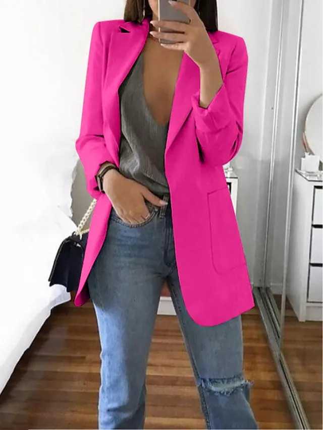 Women's Blazer Casual Pocket Clean Fit Formal Outdoor Daily Wear Polyester Spring Wine Green Black Open Front V Neck Regular Fit S M L XL XXL 3XL / Solid Color