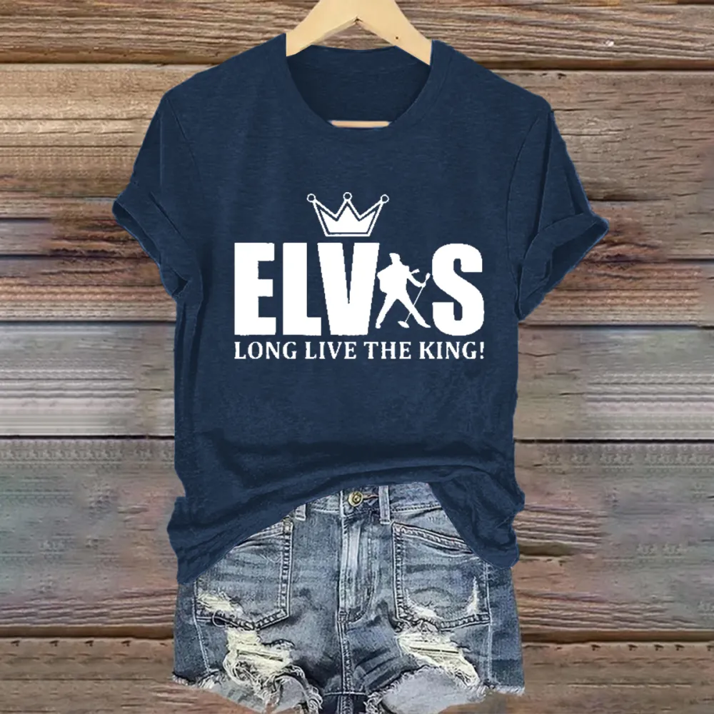 Women's  Long Live The King Print Short Sleeve Round Neck Cotton T-Shirt