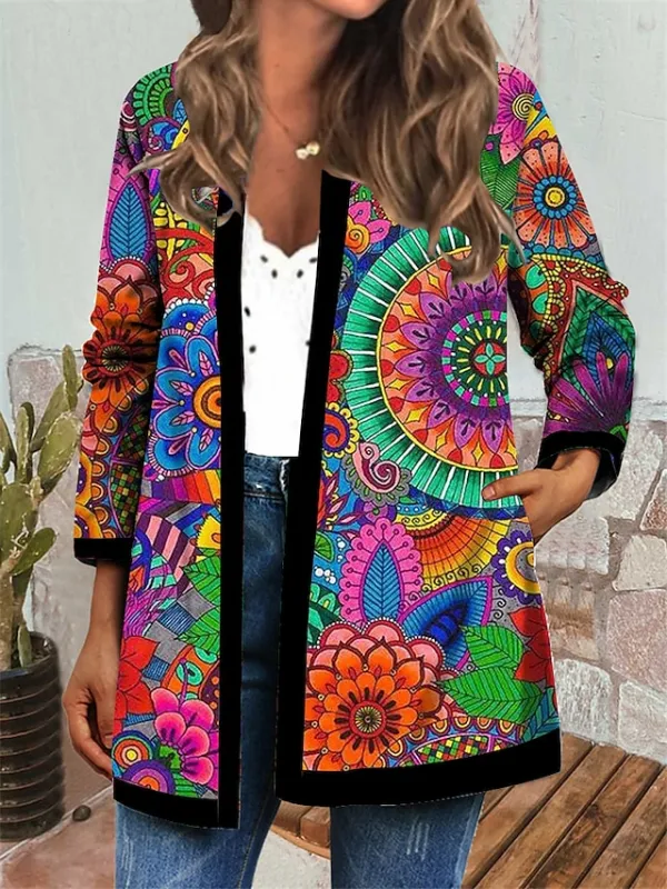 Women's Jacket Casual Jacket Regular Coat Floral Print Round Neck Regular Fit Casual Baroque Jacket Long Sleeve Green Blue Winter Fall Daily Holiday