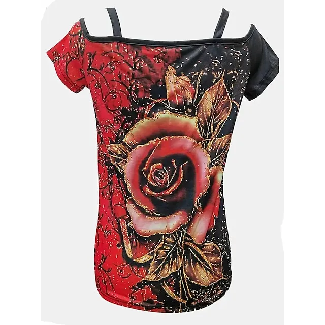 Women's T shirt Tee Floral Graphic Casual Holiday Red Blue Purple Short Sleeve Beach Off Shoulder