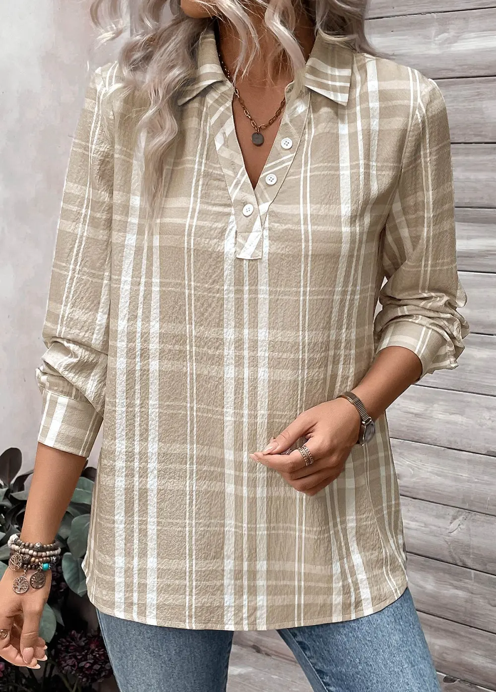 Light Coffee Button Plaid Long Sleeve Shirt Collar Blouse