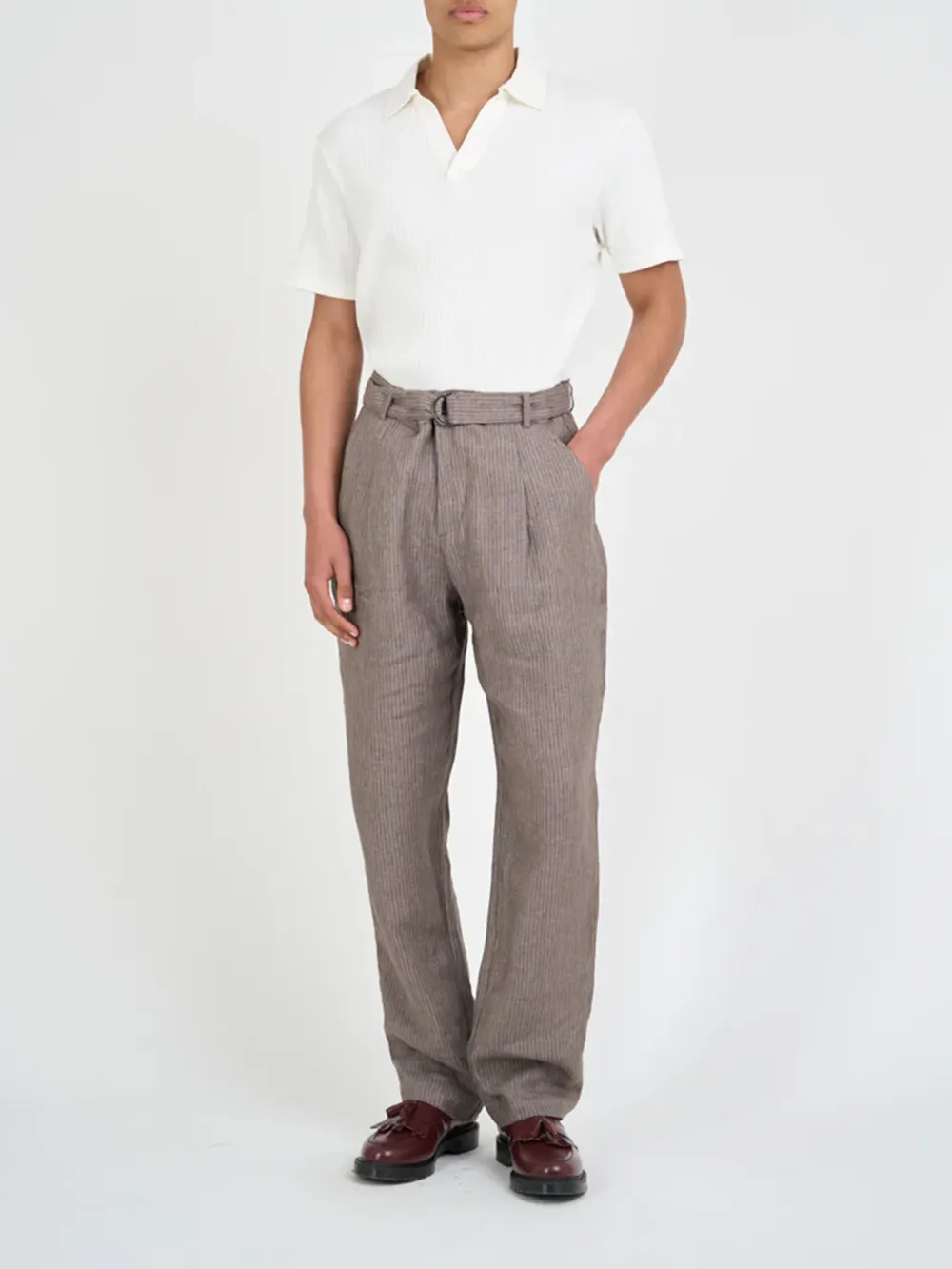 Brown Straight-Leg Belted Linen Trousers