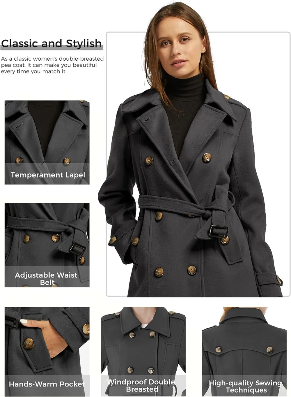 Women's Double Breasted Pea Coat Winter Mid-Long Trench Coat with Belt