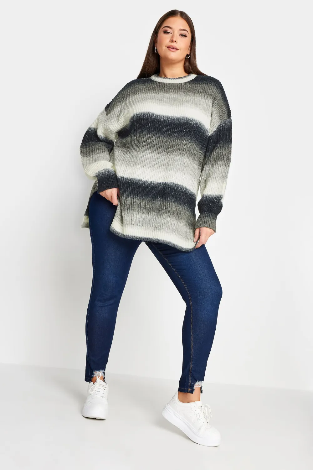 YOURS Curve Black & White Ombre Stripe Print Knitted Jumper