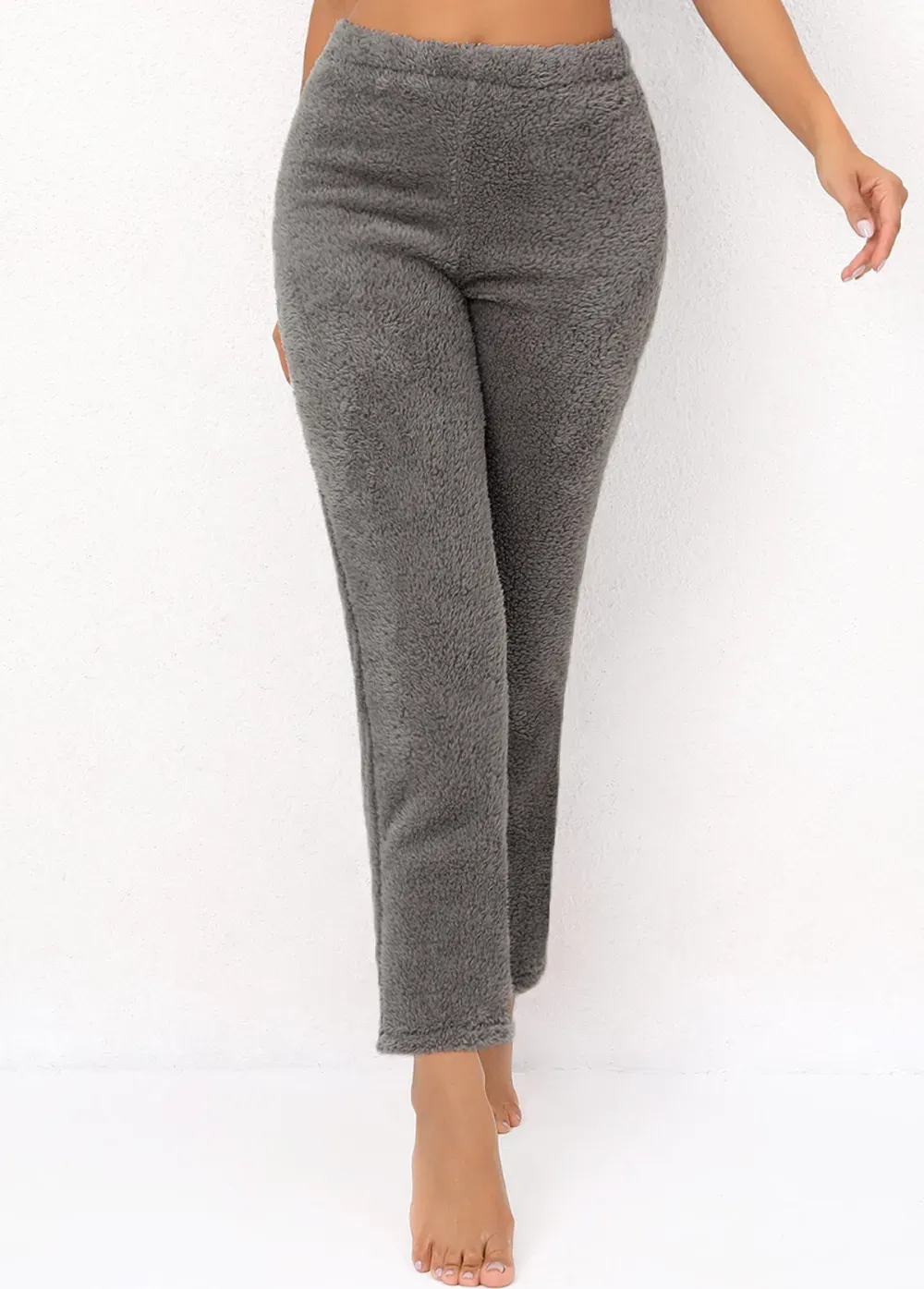Grey Plush Elastic Waist High Waisted Pants