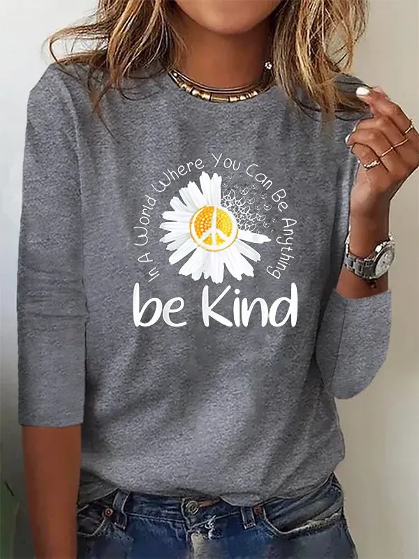 Women Casual Autumn Daisy Daily Loose Long sleeve Crew Neck Regular H-Line T-shirt