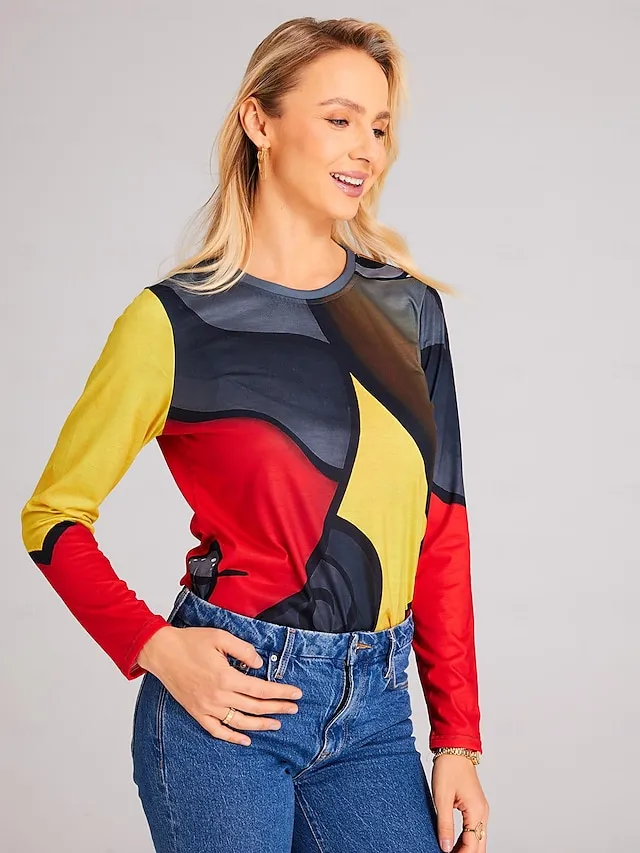 Women's Plus Size T shirt Tee Graphic Geometric Casual Holiday Red Blue Gray Print Long Sleeve Vintage Ethnic Round Neck Fall & Winter