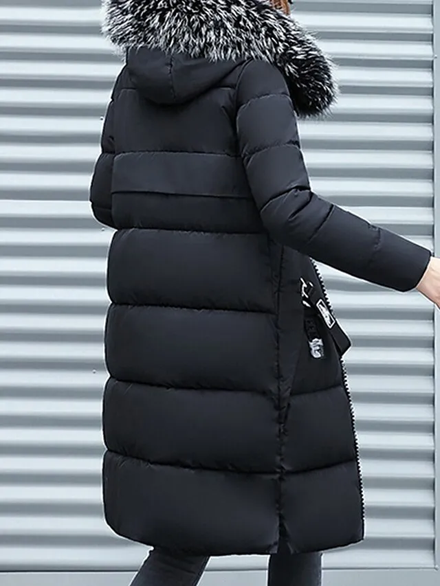 Women's Parka Long Puffer Jacket Winter Coat with Fur Collar Hood Thicken Windproof Warm Jacket Zip up Coat with Pockets Comtemporary Stylish Casual Jacket Long Sleeve Black Pink Army Green