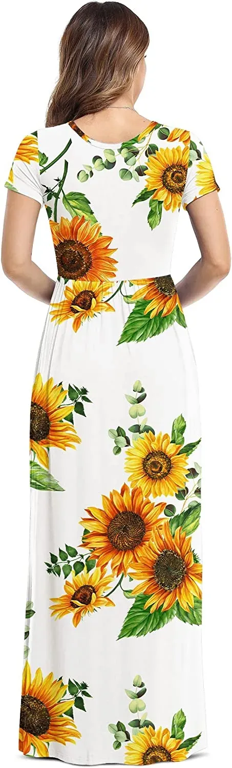 Women's Short Sleeve Loose Plain Maxi Dresses Casual Long Dresses with Pockets